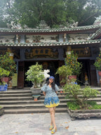 Customer wearing Limoncello slides on a vacation paired with a stunning yellow and blue midi dress in Vietnam 